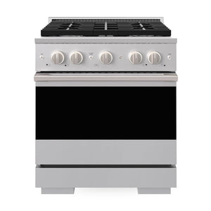 ZLINE 30 in. 4.2 cu. ft. Marino Dual Fuel Range with 4 Burner Gas Cooktop and Electric Convection Oven in Stainless Steel (MDR30) front, oven closed.