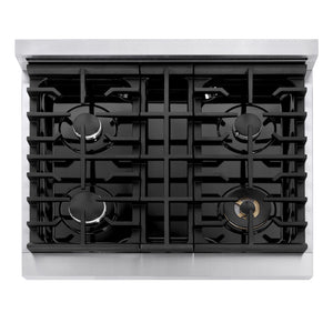 ZLINE 30 in. 4.2 cu. ft. Marino Dual Fuel Range with 4 Burner Gas Cooktop and Electric Convection Oven in Stainless Steel (MDR30) top-down, above cooking surface.