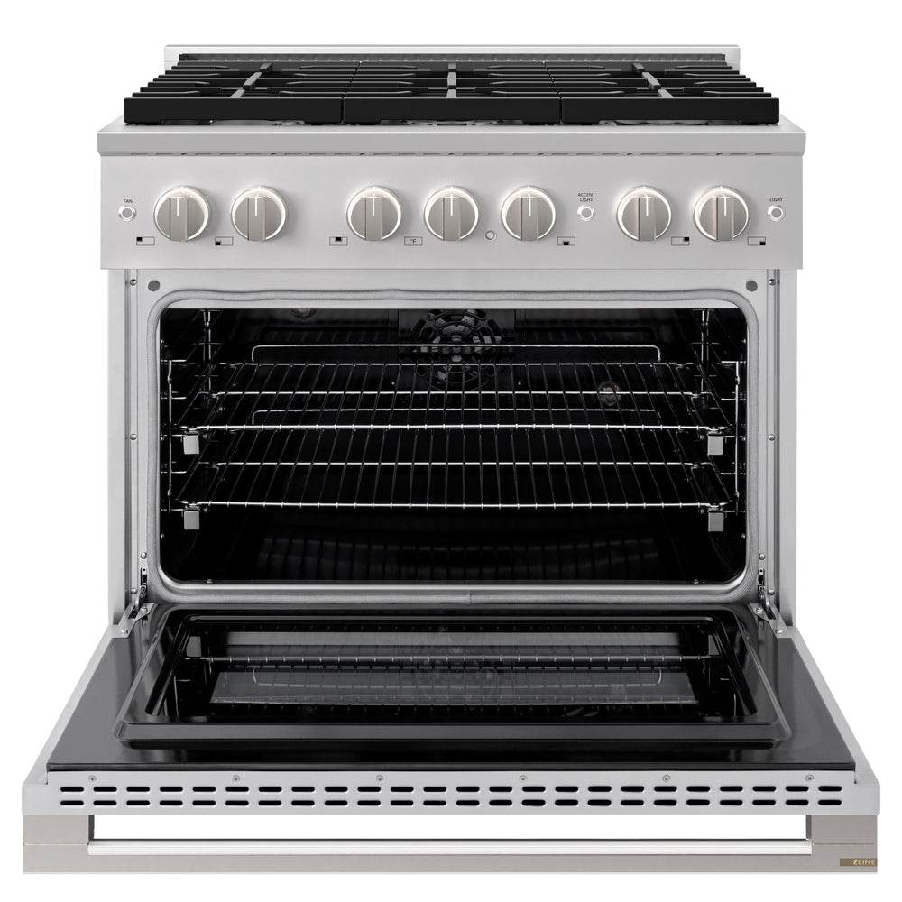 ZLINE 36 in. 5.2 cu. ft. Marino Dual Fuel Range with 6 Burner Gas Cooktop and Electric Convection Oven in Stainless Steel (MDR36) front, oven open.