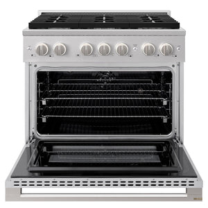 ZLINE 36 in. 5.2 cu. ft. Marino Dual Fuel Range with 6 Burner Gas Cooktop and Electric Convection Oven in Stainless Steel (MDR36) front, oven open.