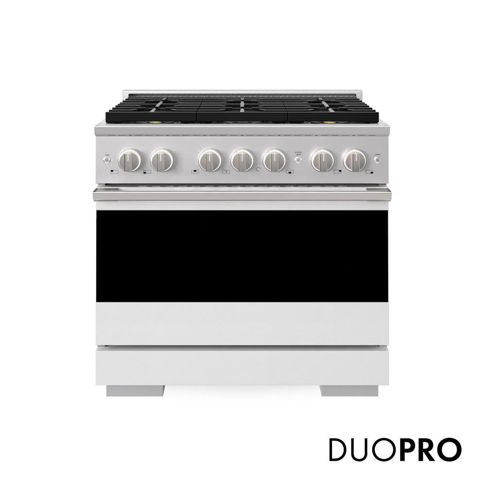 ZLINE 36 in. 5.2 cu. ft. Marino Dual Fuel Range with 6 Burner DuoPro™ Cooktop and Electric Convection Oven with White Matte Door (PMDR-WM-36) main image.