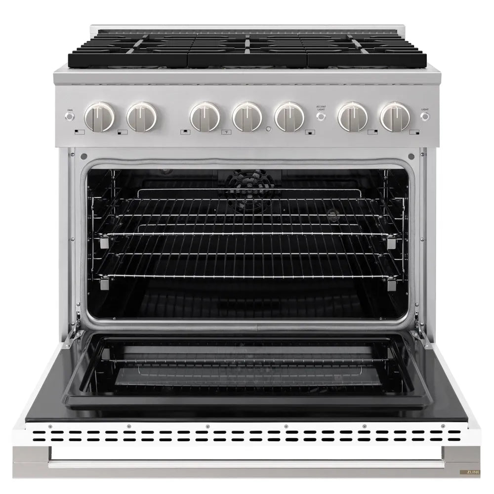 ZLINE 36 in. 5.2 cu. ft. Marino Dual Fuel Range with 6 Burner DuoPro™ Cooktop and Electric Convection Oven with White Matte Door (PMDR-WM-36) front, oven open.