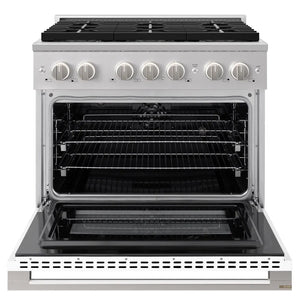 ZLINE 36 in. 5.2 cu. ft. Marino Dual Fuel Range with 6 Burner DuoPro™ Cooktop and Electric Convection Oven with White Matte Door (PMDR-WM-36) front, oven open.