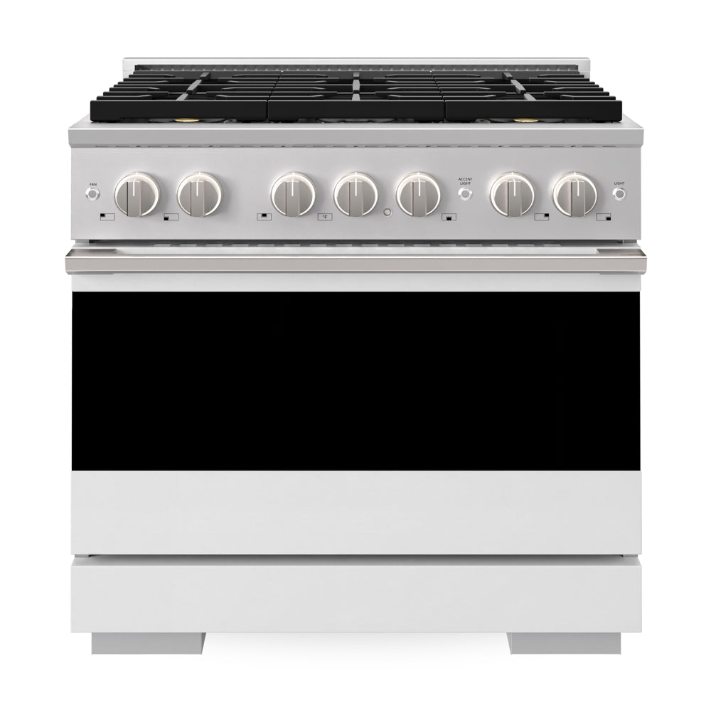 ZLINE 36 in. 5.2 cu. ft. Marino Dual Fuel Range with 6 Burner DuoPro™ Cooktop and Electric Convection Oven with White Matte Door (PMDR-WM-36) front, oven closed.
