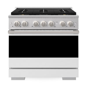 ZLINE 36 in. 5.2 cu. ft. Marino Dual Fuel Range with 6 Burner DuoPro™ Cooktop and Electric Convection Oven with White Matte Door (PMDR-WM-36) front, oven closed.