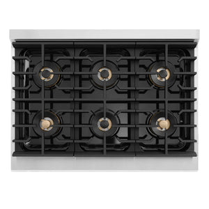 ZLINE 36 in. 5.2 cu. ft. Marino Dual Fuel Range with 6 Burner DuoPro™ Cooktop and Electric Convection Oven with White Matte Door (PMDR-WM-36) top-down, above cooking surface.