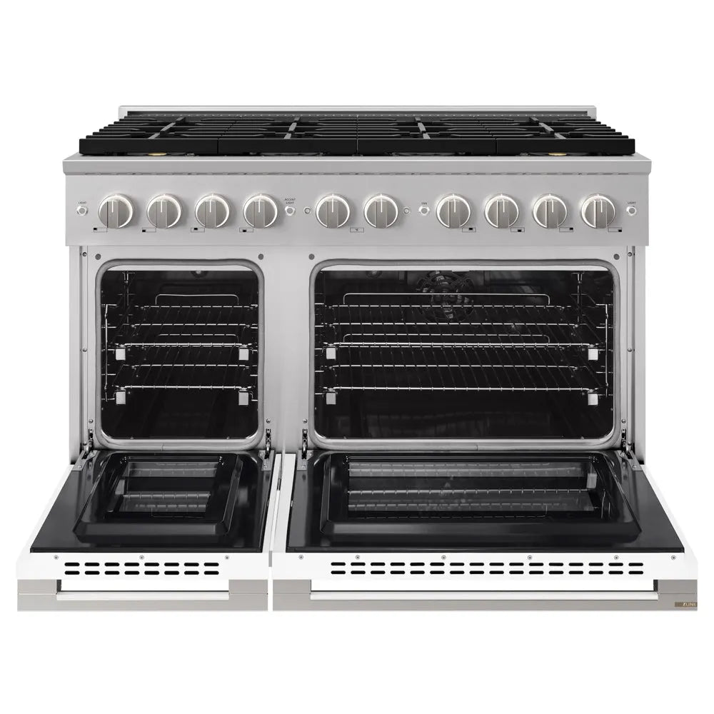 ZLINE 48 in. 6.7 cu. ft. Marino Dual Fuel Range with 8 Burner DuoPro™ Cooktop and Dual Ovens with White Matte Doors (PMDR-WM-48) front, oven open.