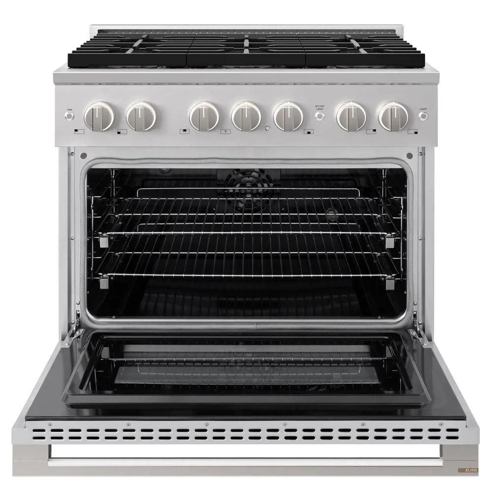 ZLINE 36 in. 5.2 cu. ft. Marino Dual Fuel Range with 6 Burner DuoPro™ Cooktop and Electric Convection Oven in Stainless Steel (PMDR36) front, oven open.