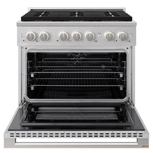 ZLINE 36 in. 5.2 cu. ft. Marino Dual Fuel Range with 6 Burner DuoPro™ Cooktop and Electric Convection Oven in Stainless Steel (PMDR36) front, oven open.