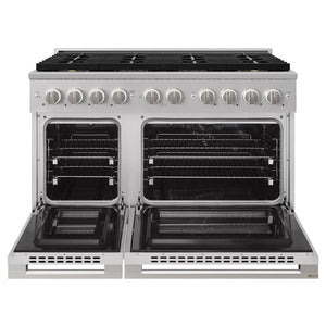 ZLINE 48 in. 6.7 cu. ft. Marino Dual Fuel Range with 8 Burner DuoPro™ Cooktop and Dual Ovens in Stainless Steel (PMDR48) front, oven open.