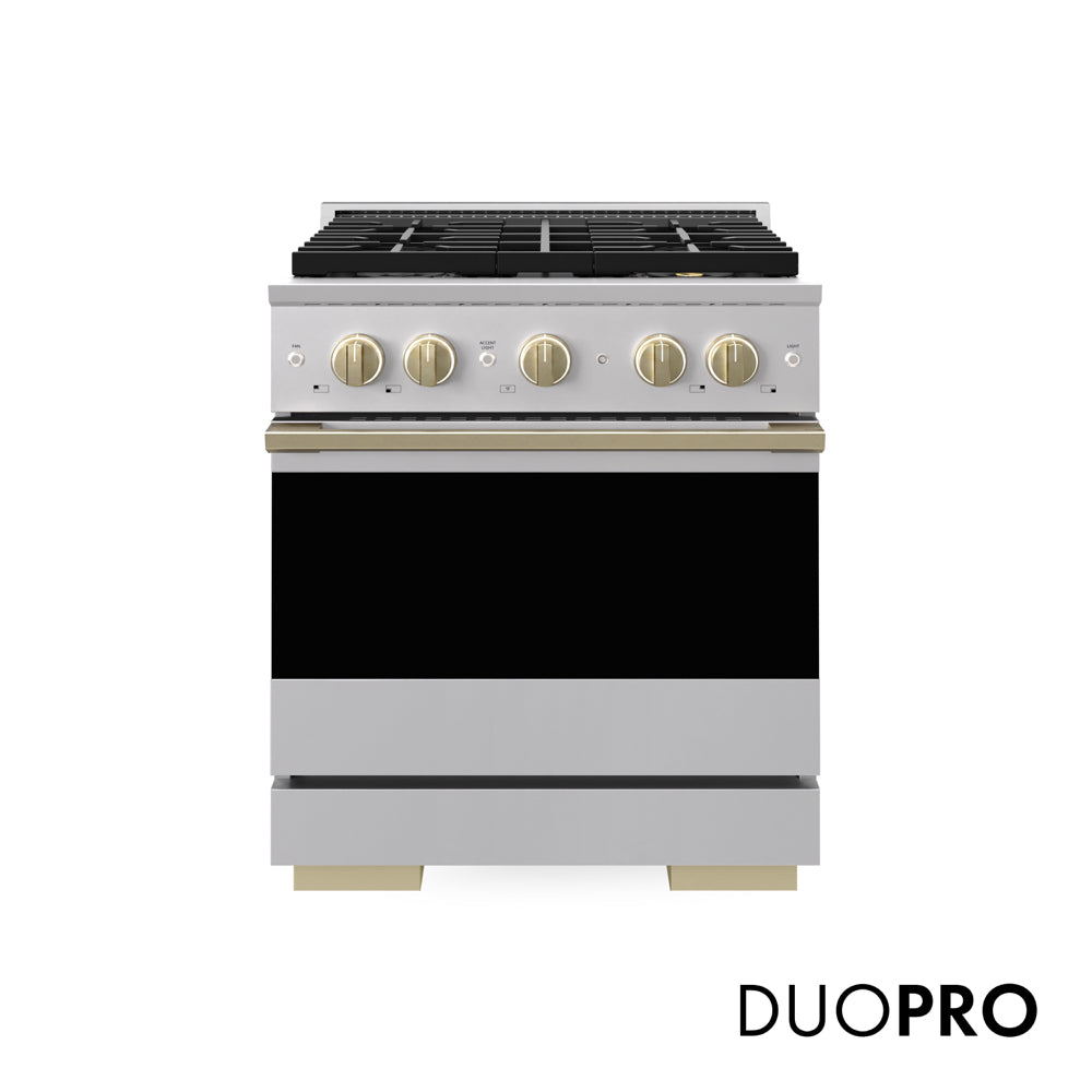 ZLINE Autograph Edition 30 in. 4.2 cu. ft. Marino Dual Fuel Range with 4 Burner DuoPro™ Cooktop and Electric Convection Oven in Stainless Steel with Champagne Bronze Accents (PMDRZ-30-CB) main image.