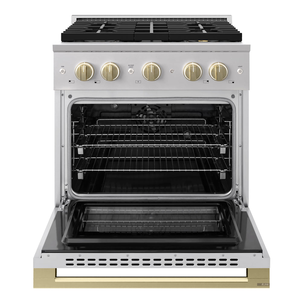 ZLINE Autograph Edition 30 in. 4.2 cu. ft. Marino Dual Fuel Range with 4 Burner DuoPro™ Cooktop and Electric Convection Oven in Stainless Steel with Champagne Bronze Accents (PMDRZ-30-CB)