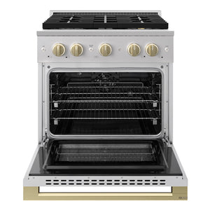 ZLINE Autograph Edition 30 in. 4.2 cu. ft. Marino Dual Fuel Range with 4 Burner DuoPro™ Cooktop and Electric Convection Oven in Stainless Steel with Champagne Bronze Accents (PMDRZ-30-CB)