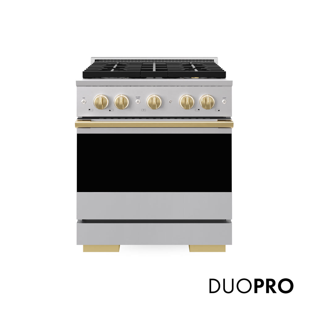 ZLINE Autograph Edition 30 in. 4.2 cu. ft. Marino Dual Fuel Range with 4 Burner DuoPro™ Cooktop and Electric Convection Oven in Stainless Steel with Polished Gold Accents (PMDRZ-30-G)