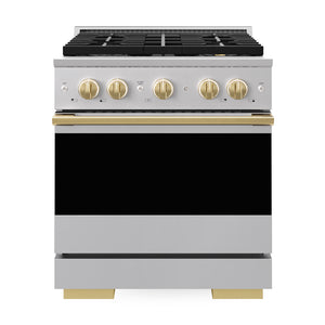 ZLINE Autograph Edition 30 in. 4.2 cu. ft. Marino Dual Fuel Range with 4 Burner DuoPro™ Cooktop and Electric Convection Oven in Stainless Steel with Polished Gold Accents (PMDRZ-30-G)