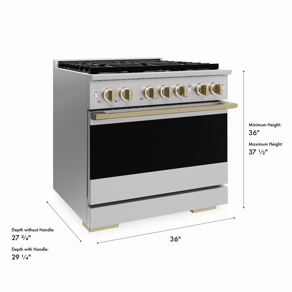 ZLINE Autograph Edition 36 in. 5.2 cu. ft. Marino Dual Fuel Range with 6 Burner DuoPro™ Cooktop and Electric Convection Oven in Stainless Steel and Champagne Bronze Accents (PMDRZ-36-CB)