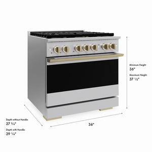 ZLINE Autograph Edition 36 in. 5.2 cu. ft. Marino Dual Fuel Range with 6 Burner DuoPro™ Cooktop and Electric Convection Oven in Stainless Steel and Champagne Bronze Accents (PMDRZ-36-CB)