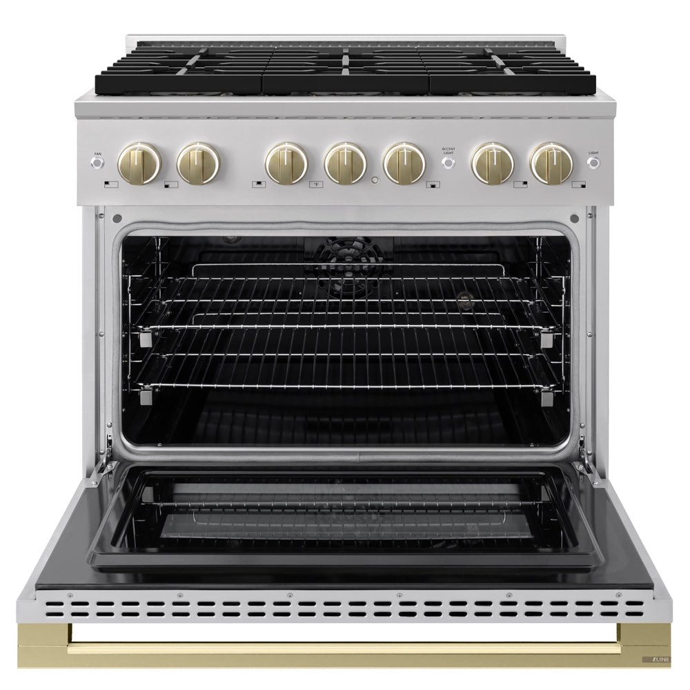 ZLINE Autograph Edition 36 in. 5.2 cu. ft. Marino Dual Fuel Range with 6 Burner DuoPro™ Cooktop and Electric Convection Oven in Stainless Steel and Champagne Bronze Accents (PMDRZ-36-CB)