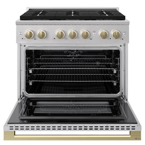 ZLINE Autograph Edition 36 in. 5.2 cu. ft. Marino Dual Fuel Range with 6 Burner DuoPro™ Cooktop and Electric Convection Oven in Stainless Steel and Champagne Bronze Accents (PMDRZ-36-CB)