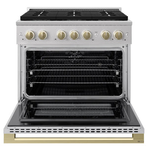 ZLINE Autograph Edition 36 in. 5.2 cu. ft. Marino Dual Fuel Range with 6 Burner DuoPro™ Cooktop and Electric Convection Oven in Stainless Steel and Champagne Bronze Accents (PMDRZ-36-CB) front, oven open.