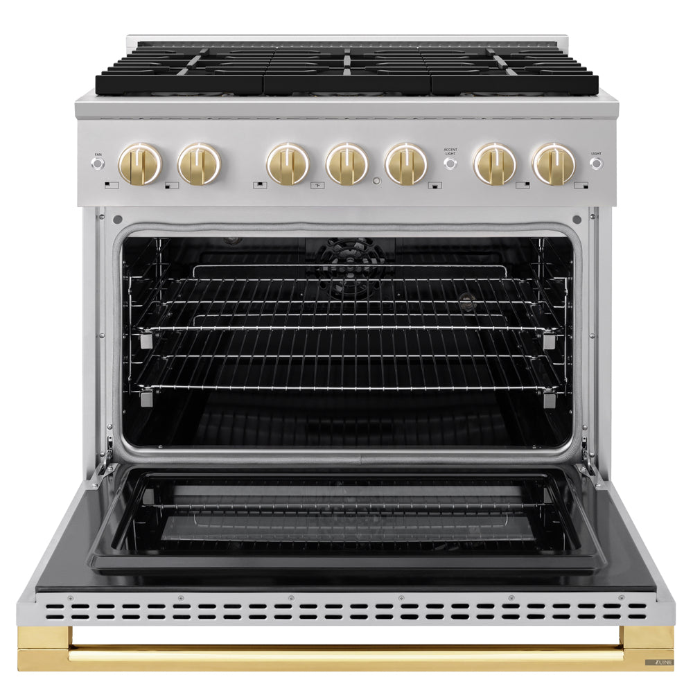 ZLINE Autograph Edition 36 in. 5.2 cu. ft. Marino Dual Fuel Range with 6 Burner DuoPro™ Cooktop and Electric Convection Oven in Stainless Steel and Polished Gold Accents (PMDRZ-36-G)