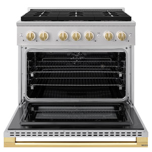 ZLINE Autograph Edition 36 in. 5.2 cu. ft. Marino Dual Fuel Range with 6 Burner DuoPro™ Cooktop and Electric Convection Oven in Stainless Steel and Polished Gold Accents (PMDRZ-36-G)
