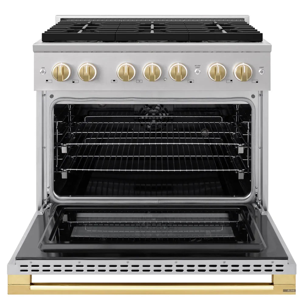 ZLINE Autograph Edition 36 in. 5.2 cu. ft. Marino Dual Fuel Range with 6 Burner DuoPro™ Cooktop and Electric Convection Oven in Stainless Steel and Polished Gold Accents (PMDRZ-36-G) front, oven open.