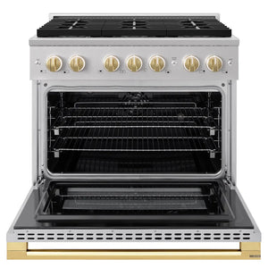 ZLINE Autograph Edition 36 in. 5.2 cu. ft. Marino Dual Fuel Range with 6 Burner DuoPro™ Cooktop and Electric Convection Oven in Stainless Steel and Polished Gold Accents (PMDRZ-36-G) front, oven open.