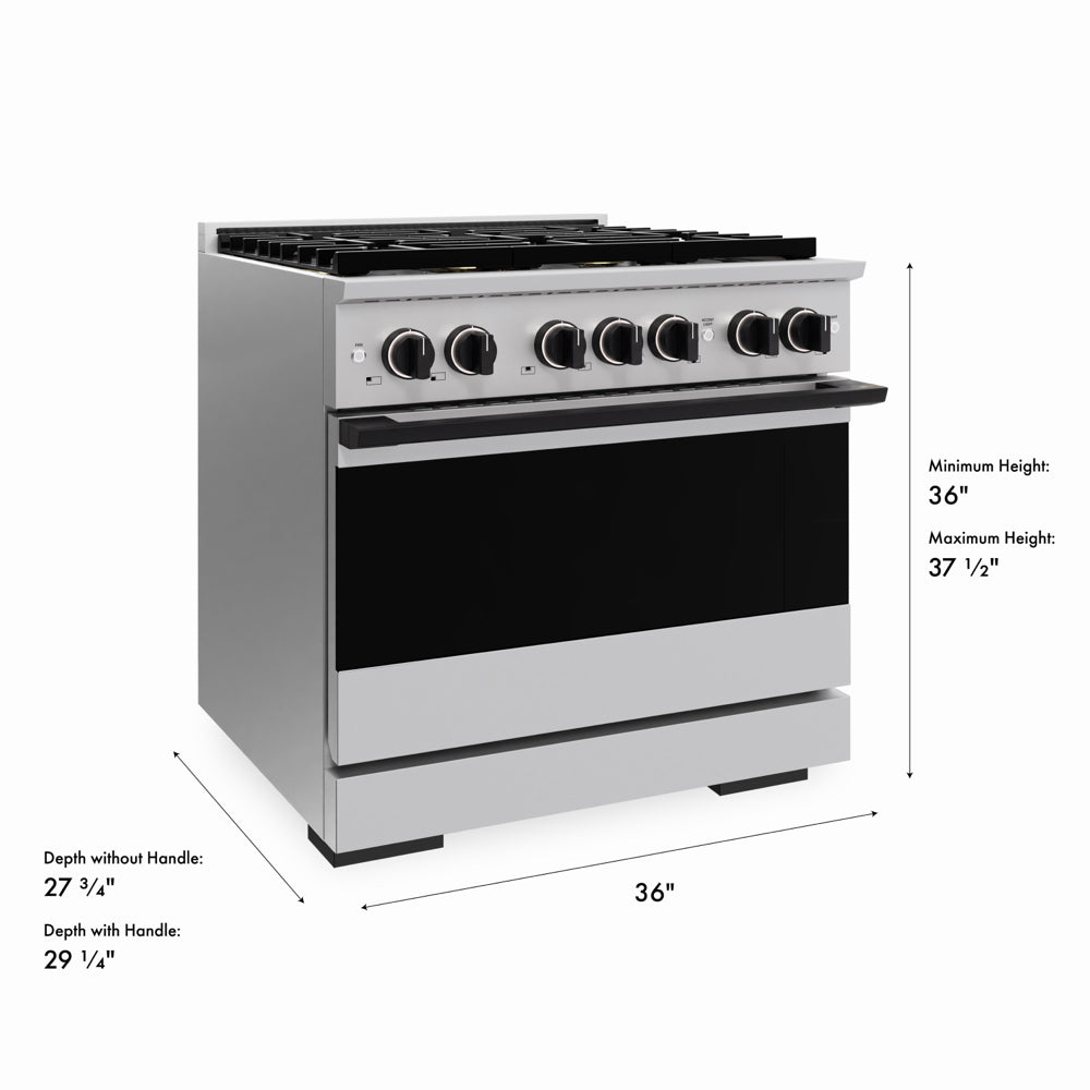 ZLINE Autograph Edition 36 in. 5.2 cu. ft. Marino Dual Fuel Range with 6 Burner DuoPro™ Cooktop and Electric Convection Oven in Stainless Steel and Matte Black Accents (PMDRZ-36-MB) with dimensions labeled.