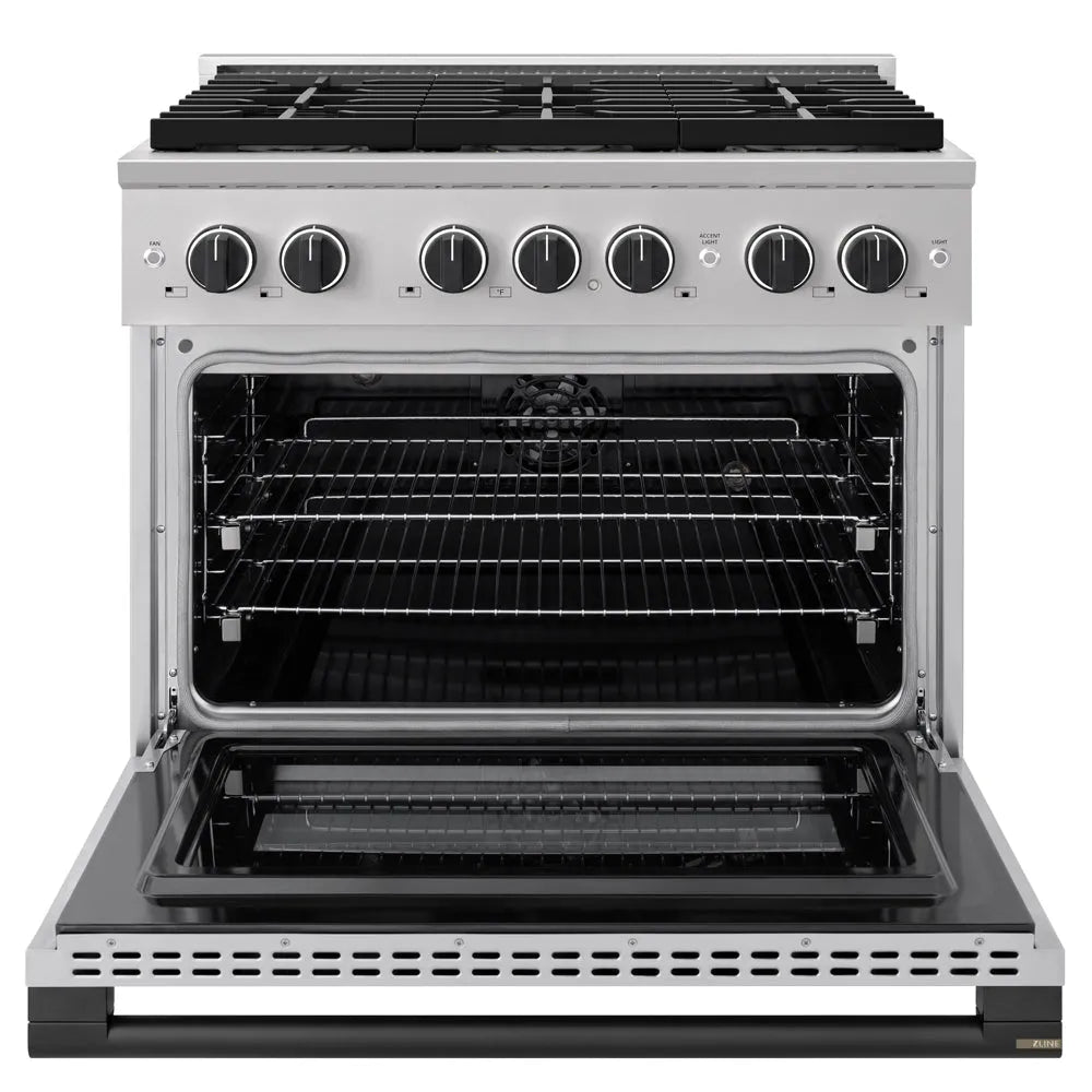 ZLINE Autograph Edition 36 in. 5.2 cu. ft. Marino Dual Fuel Range with 6 Burner DuoPro™ Cooktop and Electric Convection Oven in Stainless Steel and Matte Black Accents (PMDRZ-36-MB) front, oven open.