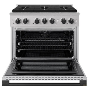 ZLINE Autograph Edition 36 in. 5.2 cu. ft. Marino Dual Fuel Range with 6 Burner DuoPro™ Cooktop and Electric Convection Oven in Stainless Steel and Matte Black Accents (PMDRZ-36-MB) front, oven open.