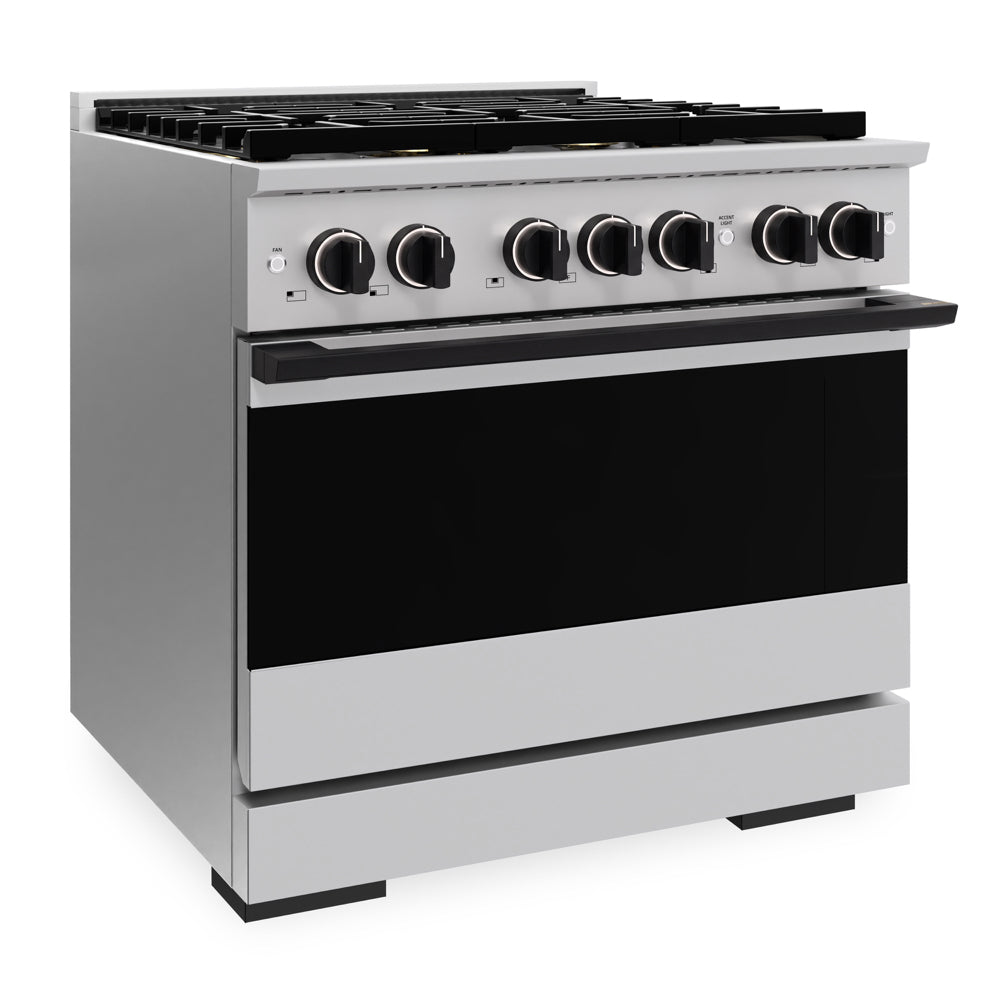 ZLINE Autograph Edition 36 in. 5.2 cu. ft. Marino Dual Fuel Range with 6 Burner DuoPro™ Cooktop and Electric Convection Oven in Stainless Steel and Matte Black Accents (PMDRZ-36-MB) side, oven closed.