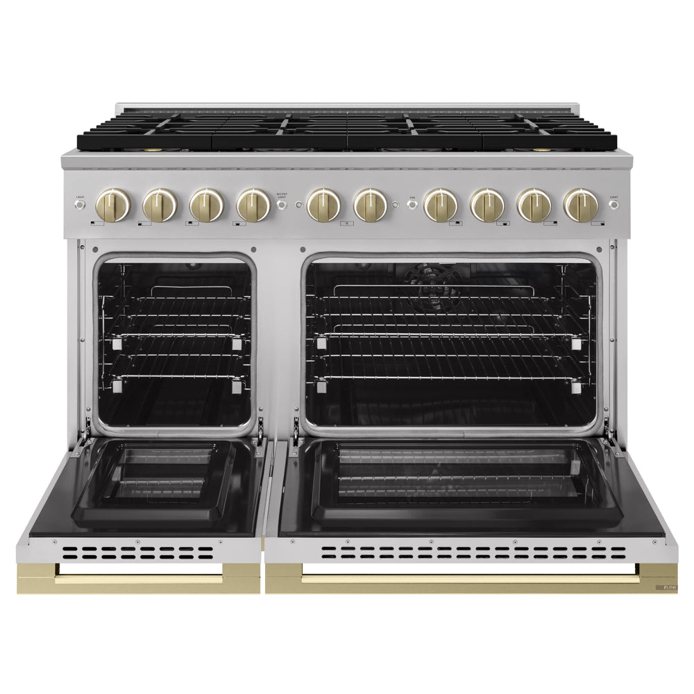 ZLINE Autograph Edition 48 in. 6.7 cu. ft. Marino Dual Fuel Range with 8 Burner DuoPro™ Cooktop and Dual Ovens in Stainless Steel and Champagne Bronze Accents (PMDRZ-48-CB)