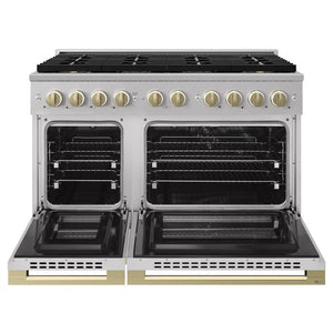 ZLINE Autograph Edition 48 in. 6.7 cu. ft. Marino Dual Fuel Range with 8 Burner DuoPro™ Cooktop and Dual Ovens in Stainless Steel and Champagne Bronze Accents (PMDRZ-48-CB) front, oven open.