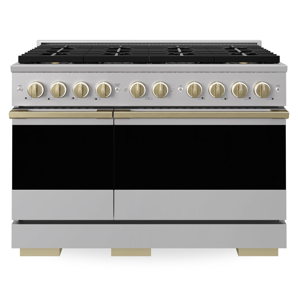 ZLINE Autograph Edition 48 in. 6.7 cu. ft. Marino Dual Fuel Range with 8 Burner DuoPro™ Cooktop and Dual Ovens in Stainless Steel and Champagne Bronze Accents (PMDRZ-48-CB)