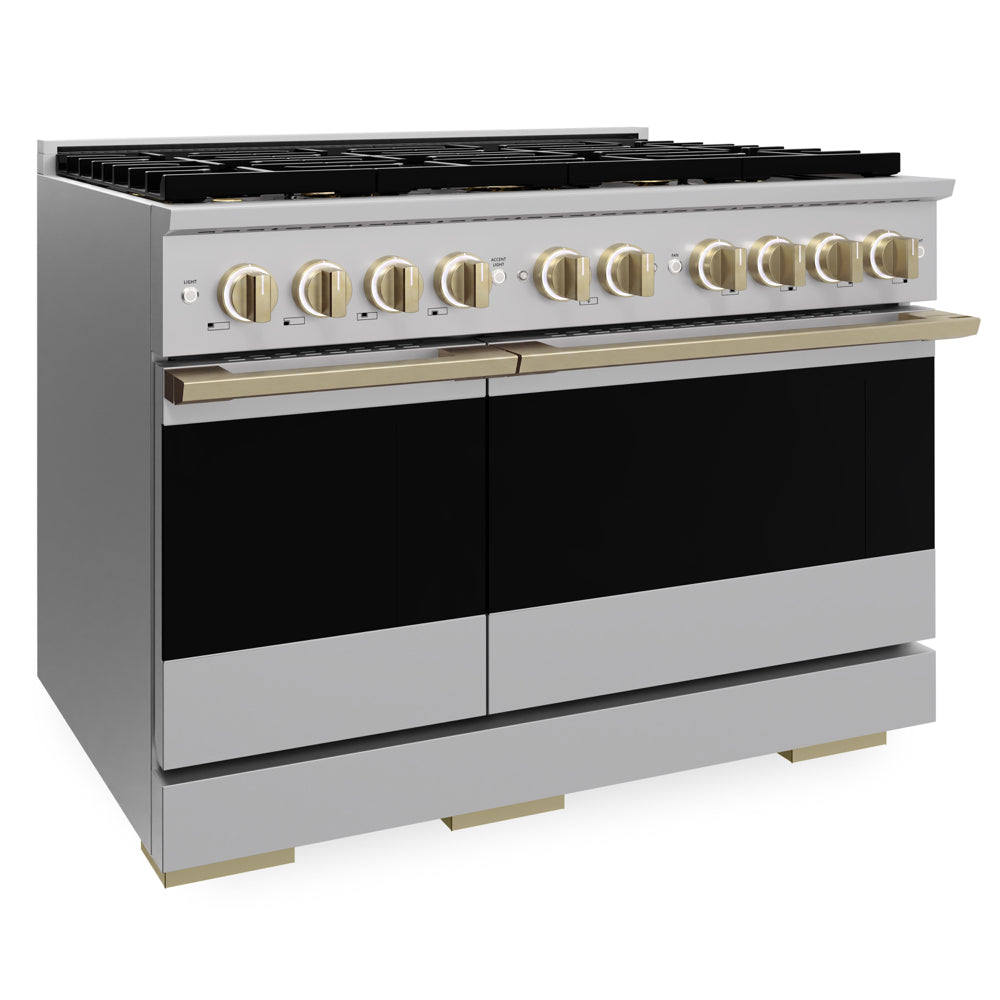 ZLINE Autograph Edition 48 in. 6.7 cu. ft. Marino Dual Fuel Range with 8 Burner DuoPro™ Cooktop and Dual Ovens in Stainless Steel and Champagne Bronze Accents (PMDRZ-48-CB)