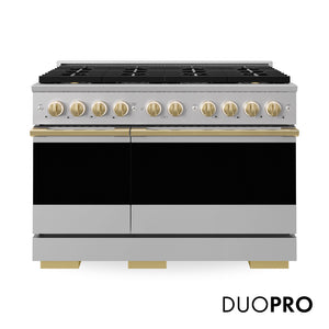 ZLINE Autograph Edition 48 in. 6.7 cu. ft. Marino Dual Fuel Range with 8 Burner DuoPro™ Cooktop and Dual Ovens in Stainless Steel and Polished Gold Accents (PMDRZ-48-G)