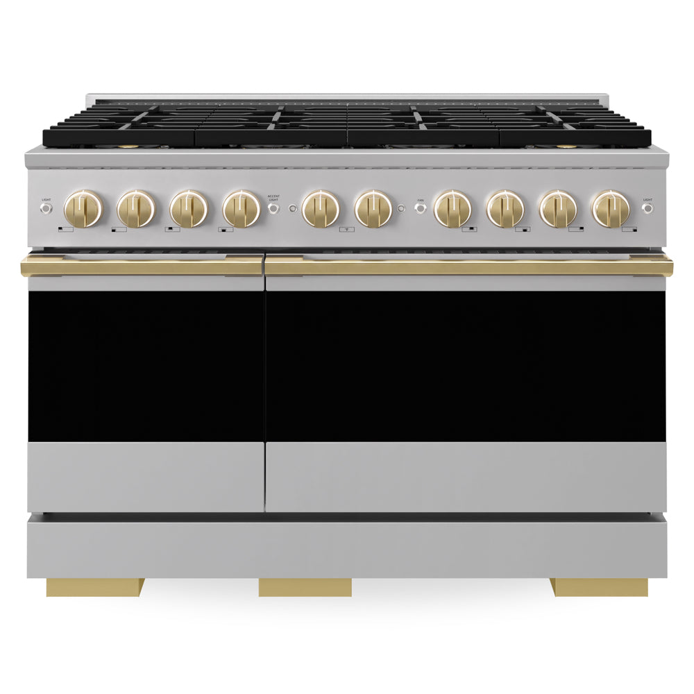 ZLINE Autograph Edition 48 in. 6.7 cu. ft. Marino Dual Fuel Range with 8 Burner DuoPro™ Cooktop and Dual Ovens in Stainless Steel and Polished Gold Accents (PMDRZ-48-G)