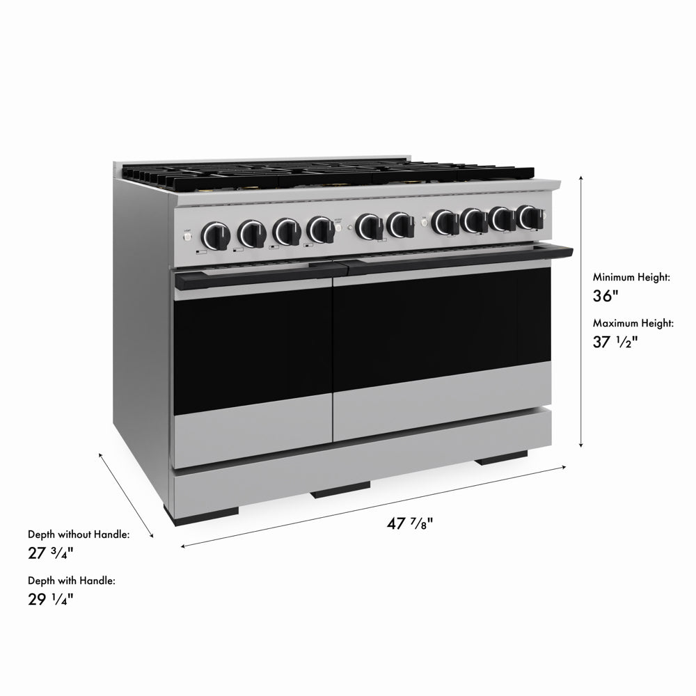 ZLINE Autograph Edition 48 in. 6.7 cu. ft. Marino Dual Fuel Range with 8 Burner DuoPro™ Cooktop and Dual Ovens in Stainless Steel and Matte Black Accents (PMDRZ-48-MB) with dimensions labeled.