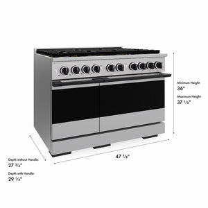 ZLINE Autograph Edition 48 in. 6.7 cu. ft. Marino Dual Fuel Range with 8 Burner DuoPro™ Cooktop and Dual Ovens in Stainless Steel and Matte Black Accents (PMDRZ-48-MB) with dimensions labeled.