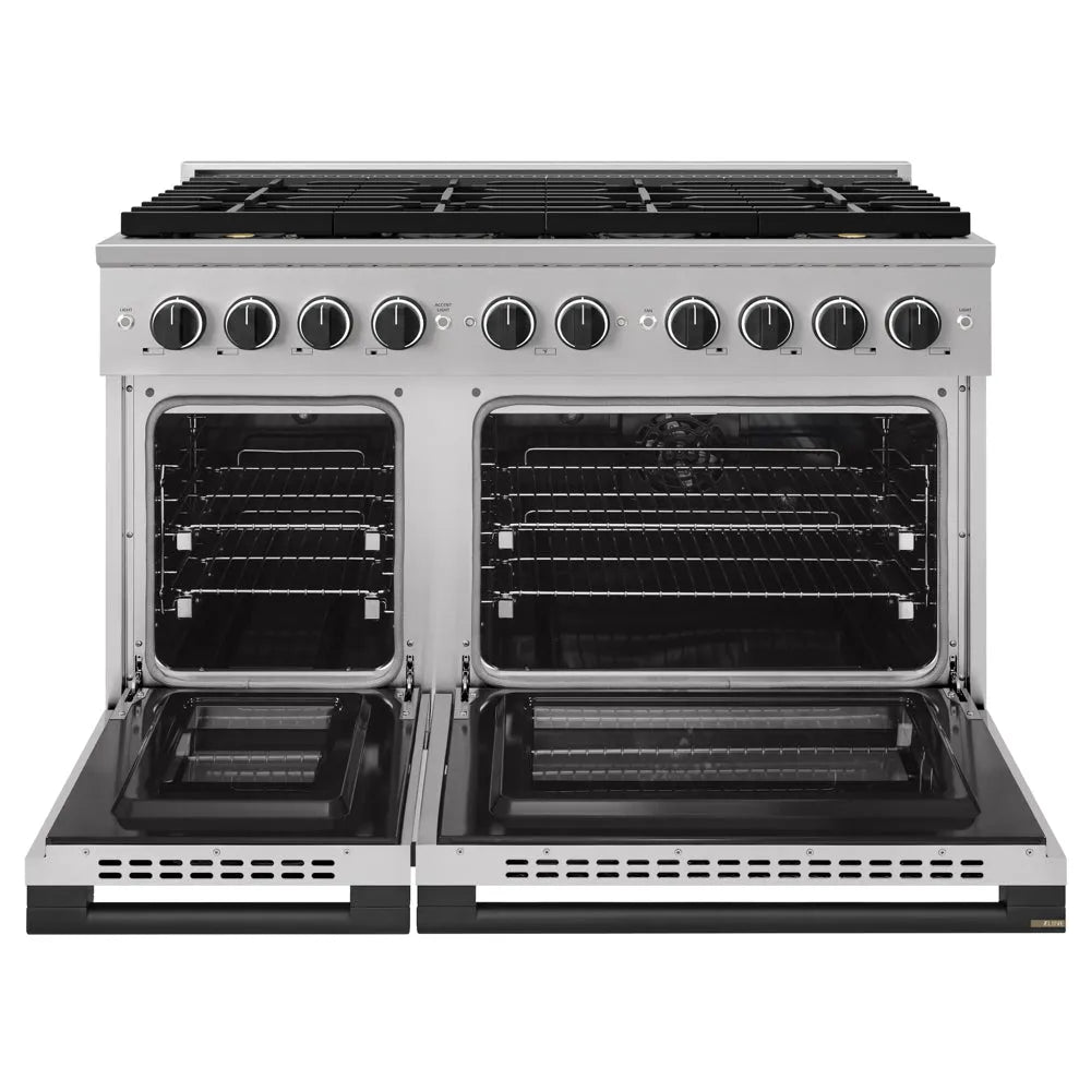 ZLINE Autograph Edition 48 in. 6.7 cu. ft. Marino Dual Fuel Range with 8 Burner DuoPro™ Cooktop and Dual Ovens in Stainless Steel and Matte Black Accents (PMDRZ-48-MB) front, oven open.