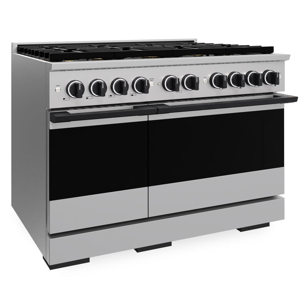 ZLINE Autograph Edition 48 in. 6.7 cu. ft. Marino Dual Fuel Range with 8 Burner DuoPro™ Cooktop and Dual Ovens in Stainless Steel and Matte Black Accents (PMDRZ-48-MB) side, oven closed.