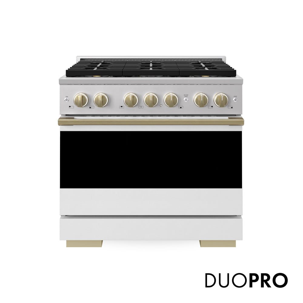ZLINE Autograph Edition 36 in. 5.2 cu. ft. Marino Dual Fuel Range with 6 Burner DuoPro™ Cooktop and Electric Convection Oven with White Matte Door and Champagne Bronze Accents (PMDRZ-WM-36-CB) main image.