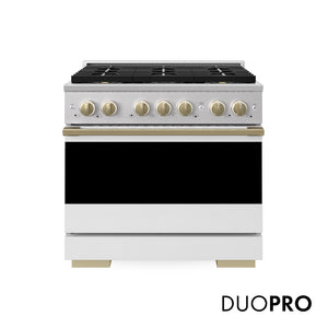 ZLINE Autograph Edition 36 in. 5.2 cu. ft. Marino Dual Fuel Range with 6 Burner DuoPro™ Cooktop and Electric Convection Oven with White Matte Door and Champagne Bronze Accents (PMDRZ-WM-36-CB) main image.