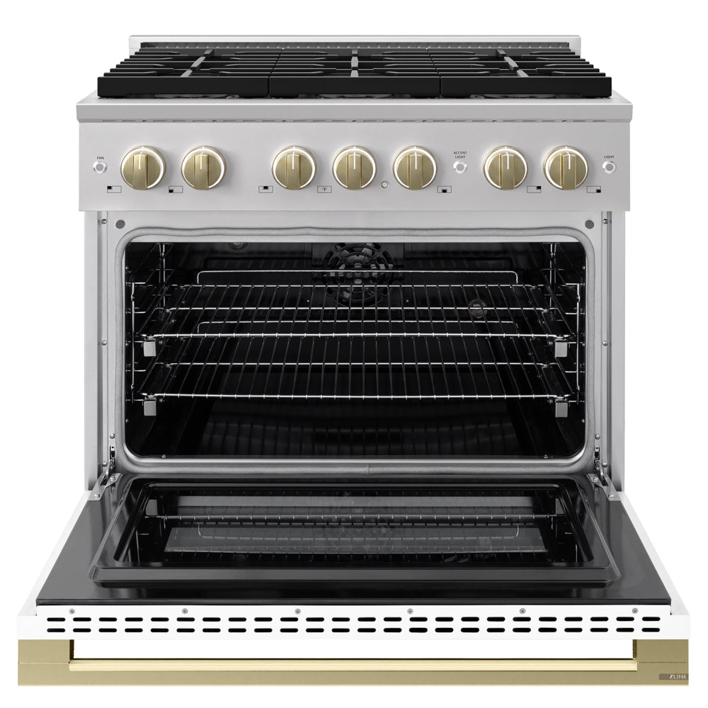 ZLINE Autograph Edition 36 in. 5.2 cu. ft. Marino Dual Fuel Range with 6 Burner DuoPro™ Cooktop and Electric Convection Oven with White Matte Door and Champagne Bronze Accents (PMDRZ-WM-36-CB)