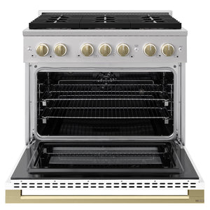 ZLINE Autograph Edition 36 in. 5.2 cu. ft. Marino Dual Fuel Range with 6 Burner DuoPro™ Cooktop and Electric Convection Oven with White Matte Door and Champagne Bronze Accents (PMDRZ-WM-36-CB)