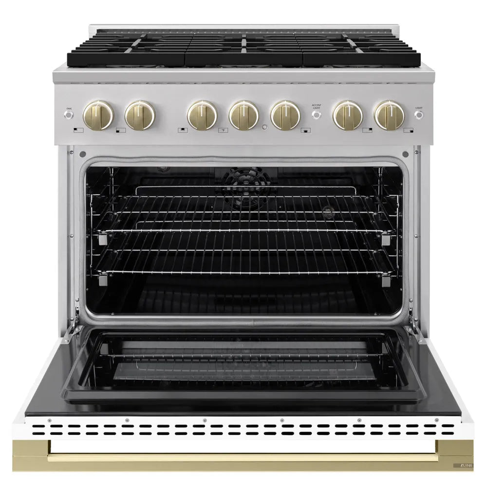 ZLINE Autograph Edition 36 in. 5.2 cu. ft. Marino Dual Fuel Range with 6 Burner DuoPro™ Cooktop and Electric Convection Oven with White Matte Door and Champagne Bronze Accents (PMDRZ-WM-36-CB) front, oven open.