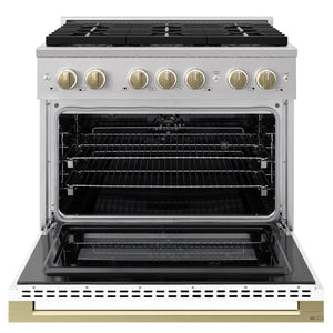 ZLINE Autograph Edition 36 in. 5.2 cu. ft. Marino Dual Fuel Range with 6 Burner DuoPro™ Cooktop and Electric Convection Oven with White Matte Door and Champagne Bronze Accents (PMDRZ-WM-36-CB) front, oven open.