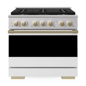ZLINE Autograph Edition 36 in. 5.2 cu. ft. Marino Dual Fuel Range with 6 Burner DuoPro™ Cooktop and Electric Convection Oven with White Matte Door and Champagne Bronze Accents (PMDRZ-WM-36-CB)