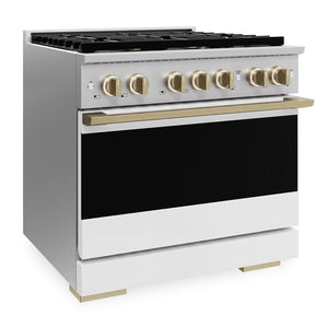 ZLINE Autograph Edition 36 in. 5.2 cu. ft. Marino Dual Fuel Range with 6 Burner DuoPro™ Cooktop and Electric Convection Oven with White Matte Door and Champagne Bronze Accents (PMDRZ-WM-36-CB)